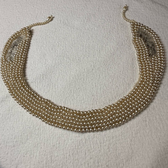 VTG Faux pearl collar necklace bugle bead leaf pattern satin back wedding formal - Picture 5 of 11